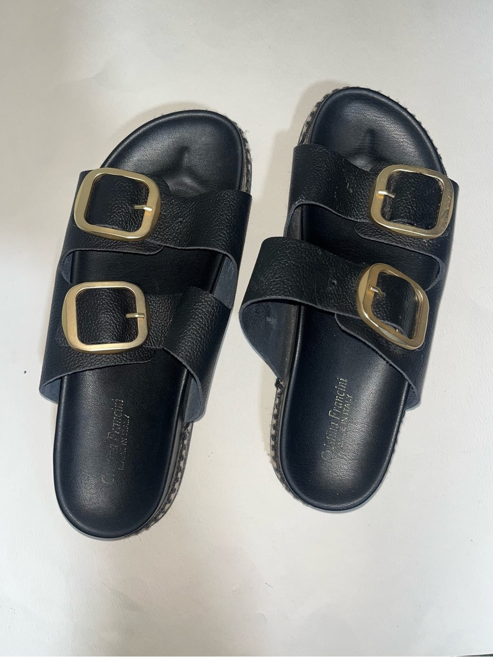 Cristina Francini Made in Italy Black Leather Double Buckle Slide Sandals US 9